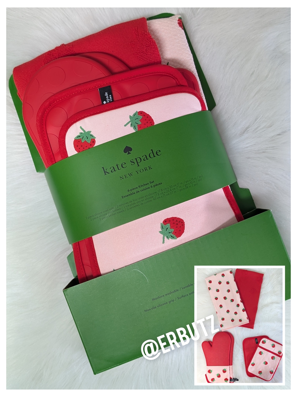 Kate Spade 6 Pc Strawberry Kitchen Set - Tea Towels, Oven Mitts, Potholders 🍓